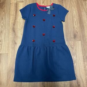 Lands End Girls Red White Blue Quilted Heart Embellished Bow Dress Size 14 Large